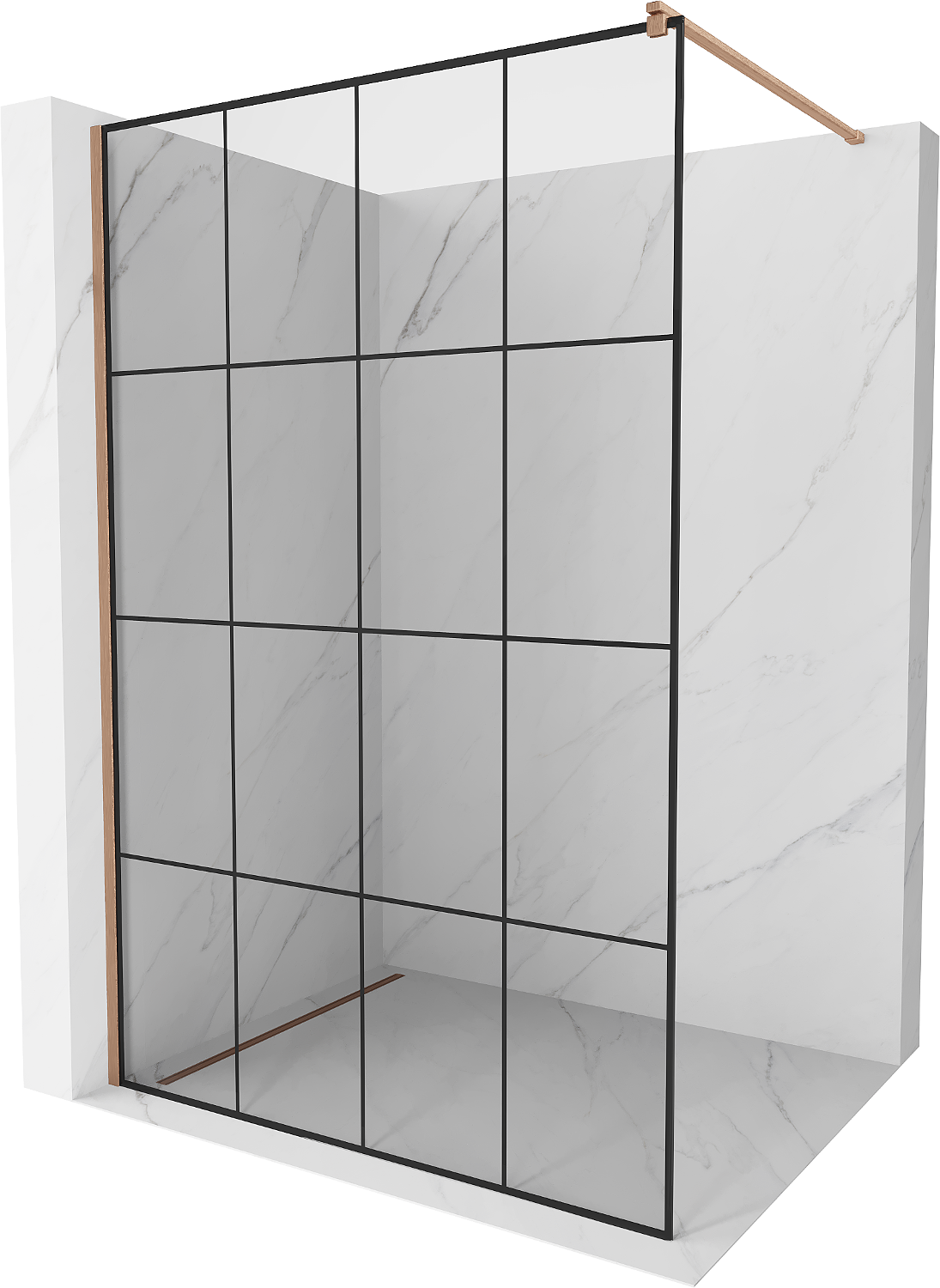 Mexen Kioto ścianka prysznicowa Walk-in 140 x 200 cm, czarna kratka 8 mm, miedź szczotkowana - 800-140-101-65-77